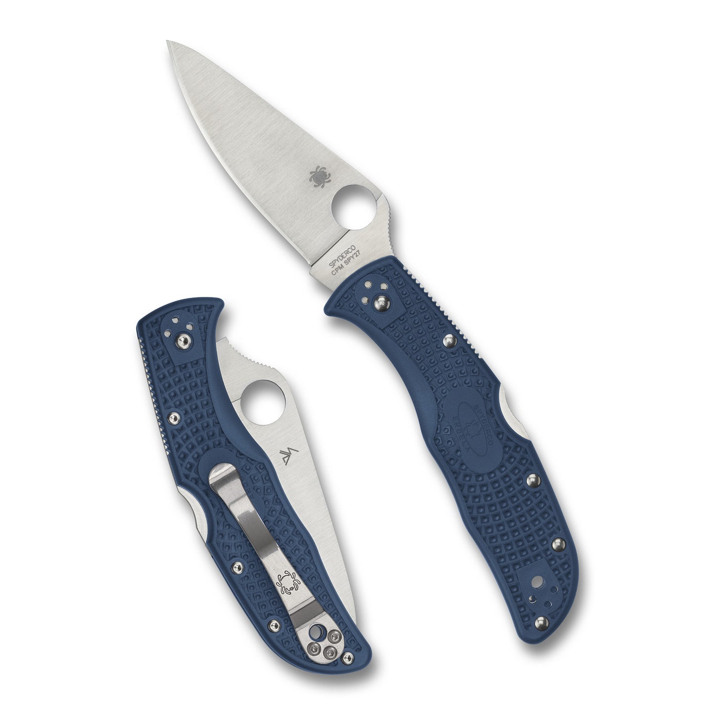 Spyderco, Endela Lightweight, Folding Knife, 3.41" Drop Point Blade, 8.1" Overall Length, CPM SPY27 Blade Steel, Plain Edge, Satin Finish, Silver, Cobalt Blue FRN Handle, Back Lock C243PCBL