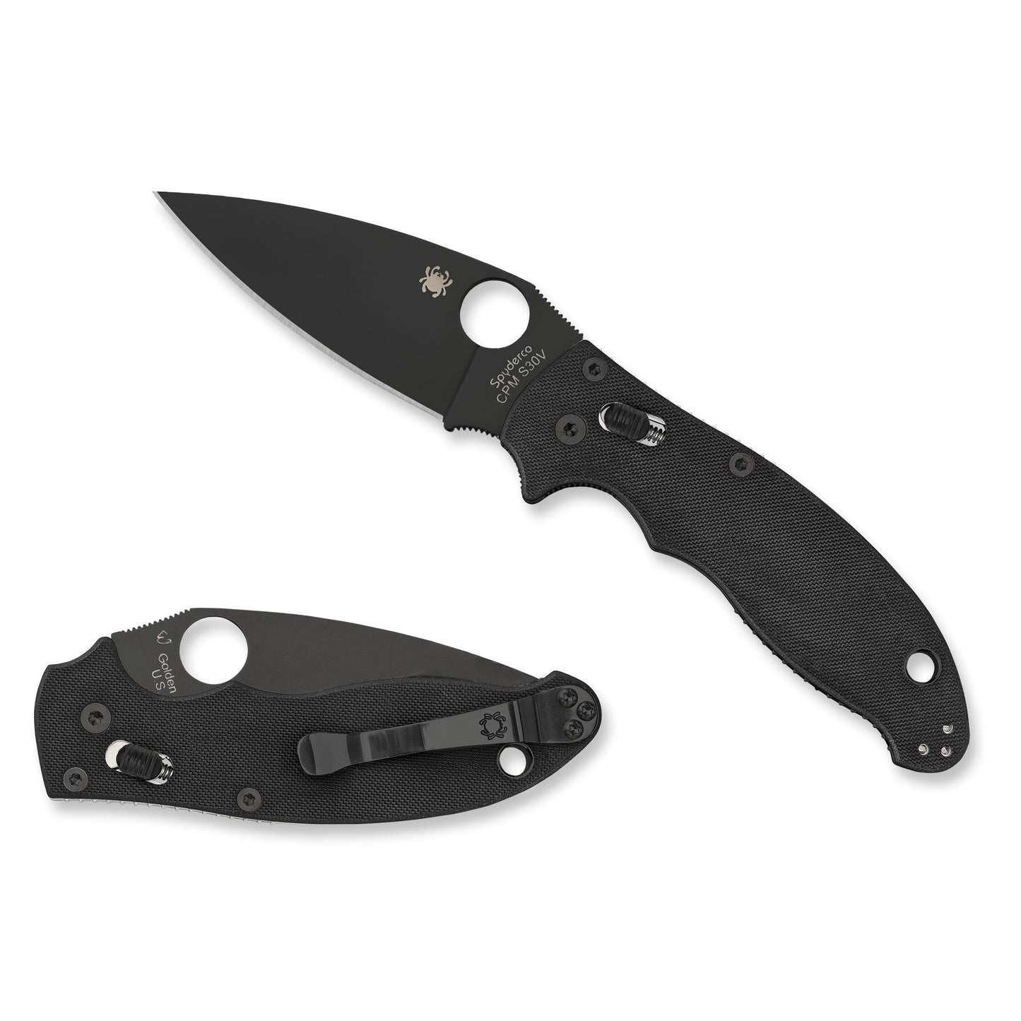 Spyderco Manix 2 Folding Knife 3.375" Blade Plain Edge, Black Blade, Black CPM-S30V Blade G-10 Handle, Black Finish C101GPBBK2