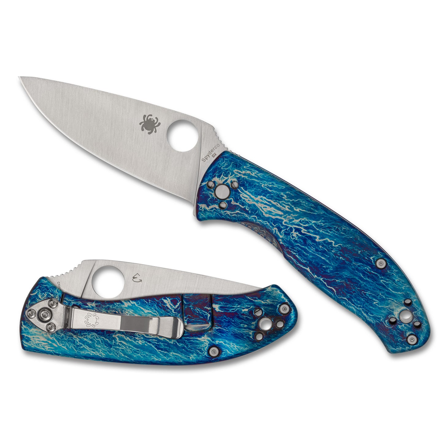Spyderco, Tenacious, Folding Knife, 3.35" Drop Point Blade, D-2 Blade Steel, 7.74" Overall Length, R.I.L. Lock, Satin Finish, Silver Blade, Blue Titanium Handle with Disarray Finish C122TIBLD2P