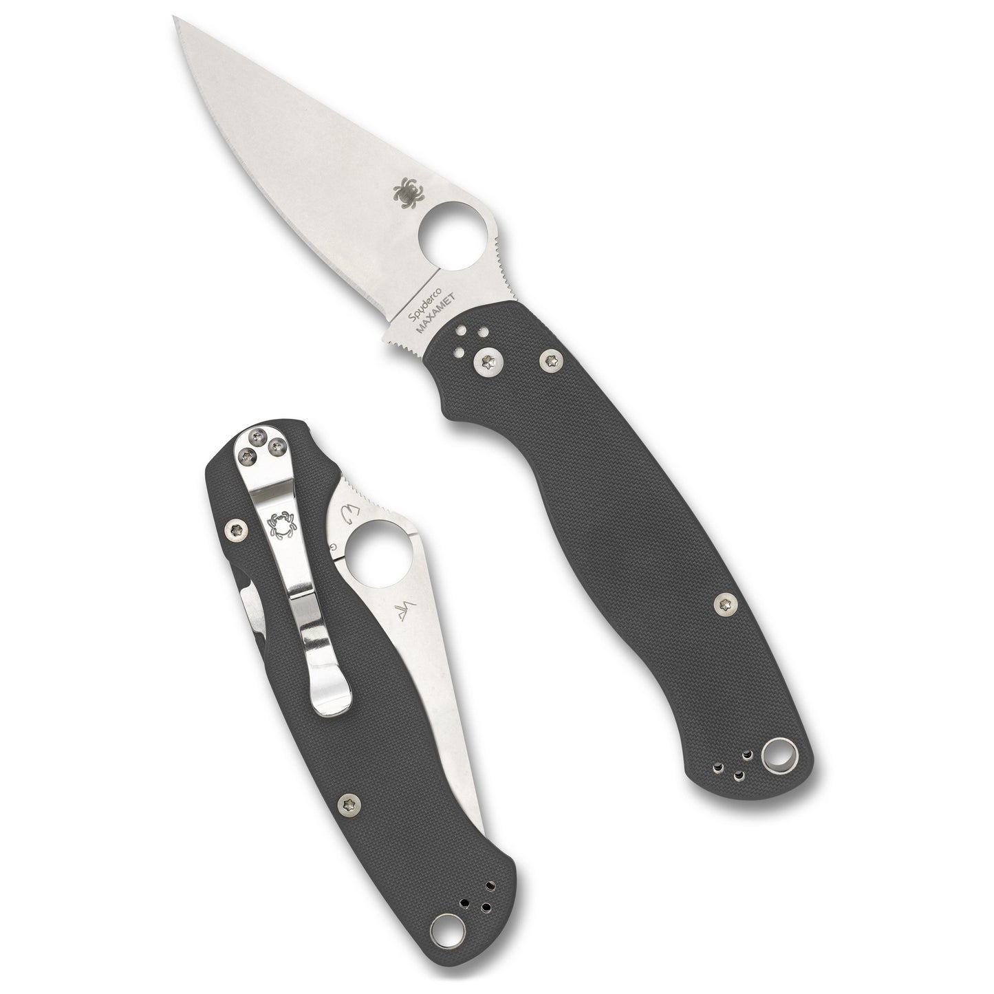 Spyderco, Para Military 2, Folding Knife, 3.45" Clip Point Blade, Plain Edge, Micro-Melt Maxamet Blade Steel, 8.26" Overall Length, Compression Lock, Satin Finish, Silver Blade, Gray G10 Handle C81GPDGY2