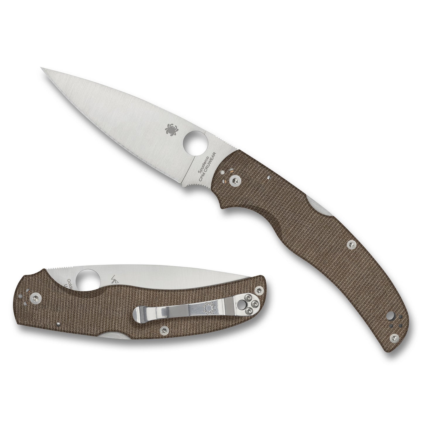Spyderco, NATIVE CHIEF, Folding Knife, 4.08" Drop Point Blade, CPM CRU-WEAR Blade Steel, 9.08" Overall Length, Back Lock, Satin Finish, Silver, Brown Canvas Mic- arta Handle C244MPCW