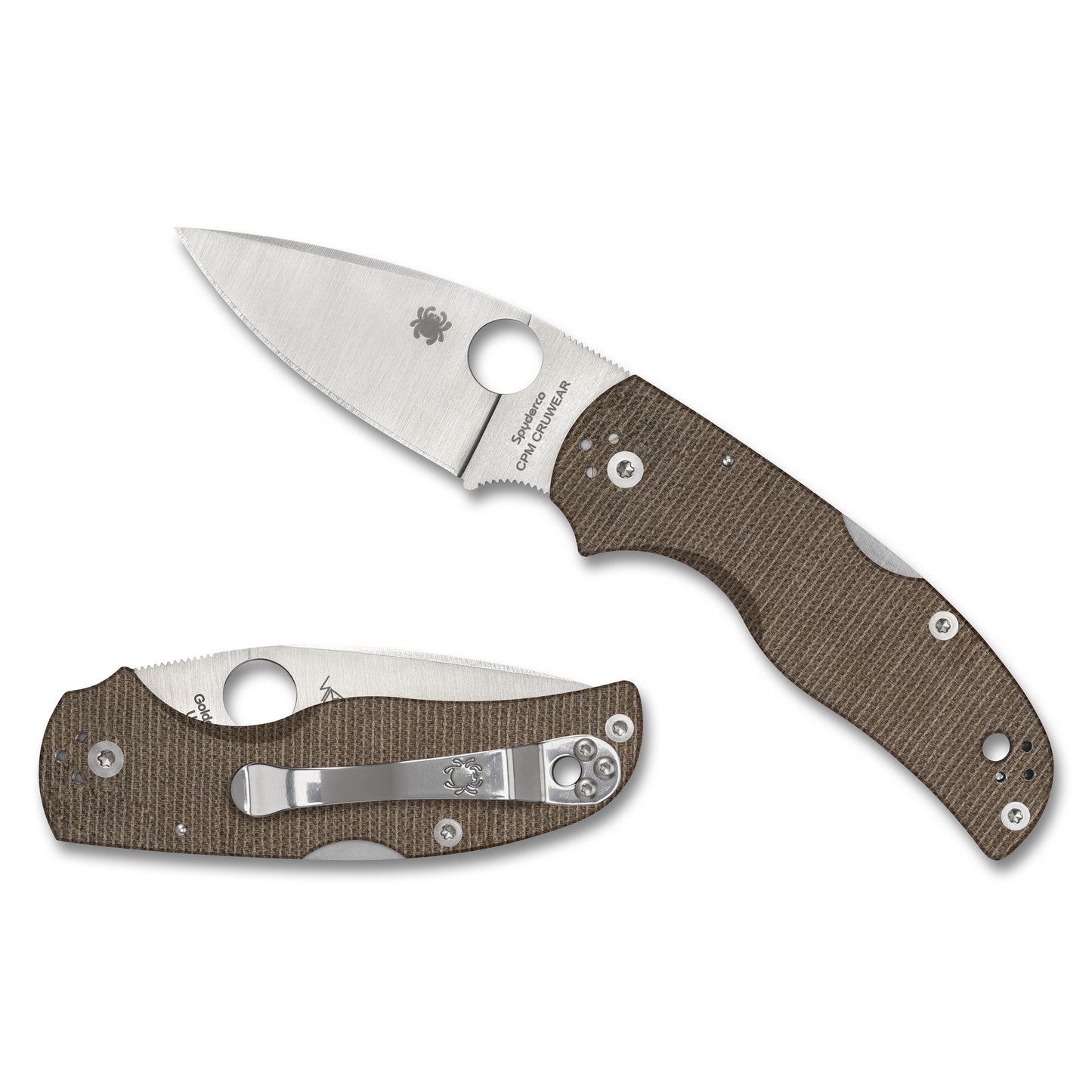 Spyderco, Native 5, Folding Knife, 2.95" Drop Point Blade, CPM CRU-WEAR Blade Steel, 6.95" Overall Length, Back Lock, Satin Finish, Silver Blade, Brown Canvas Mic- arta Handle C41MPCW5