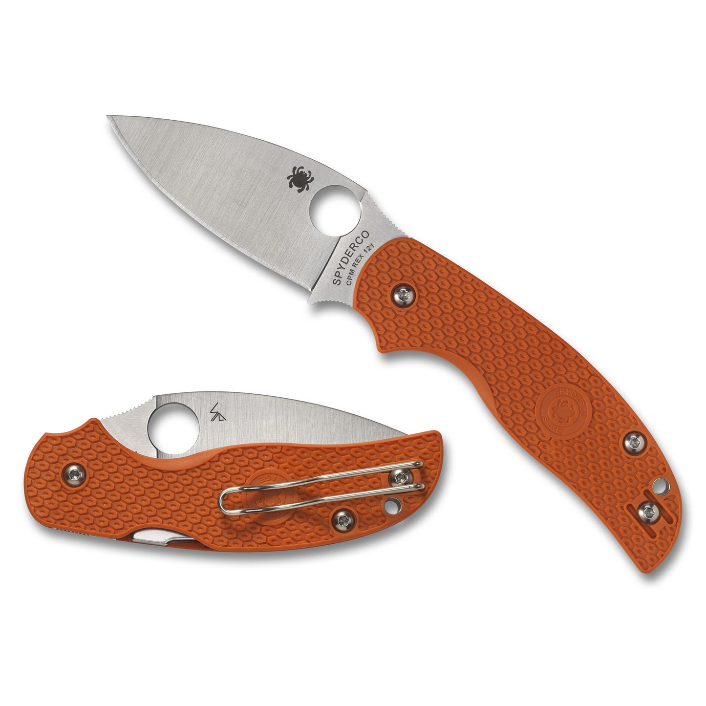 Spyderco, Sage 5 Lightweight, Folding Knife, 3" Drop Point Blade, CPM REX 121 Blade Steel, 7.13" Overall Length, Compression Lock, Satin Finish, Silver Blade, Orange FRN Handle C123BORP