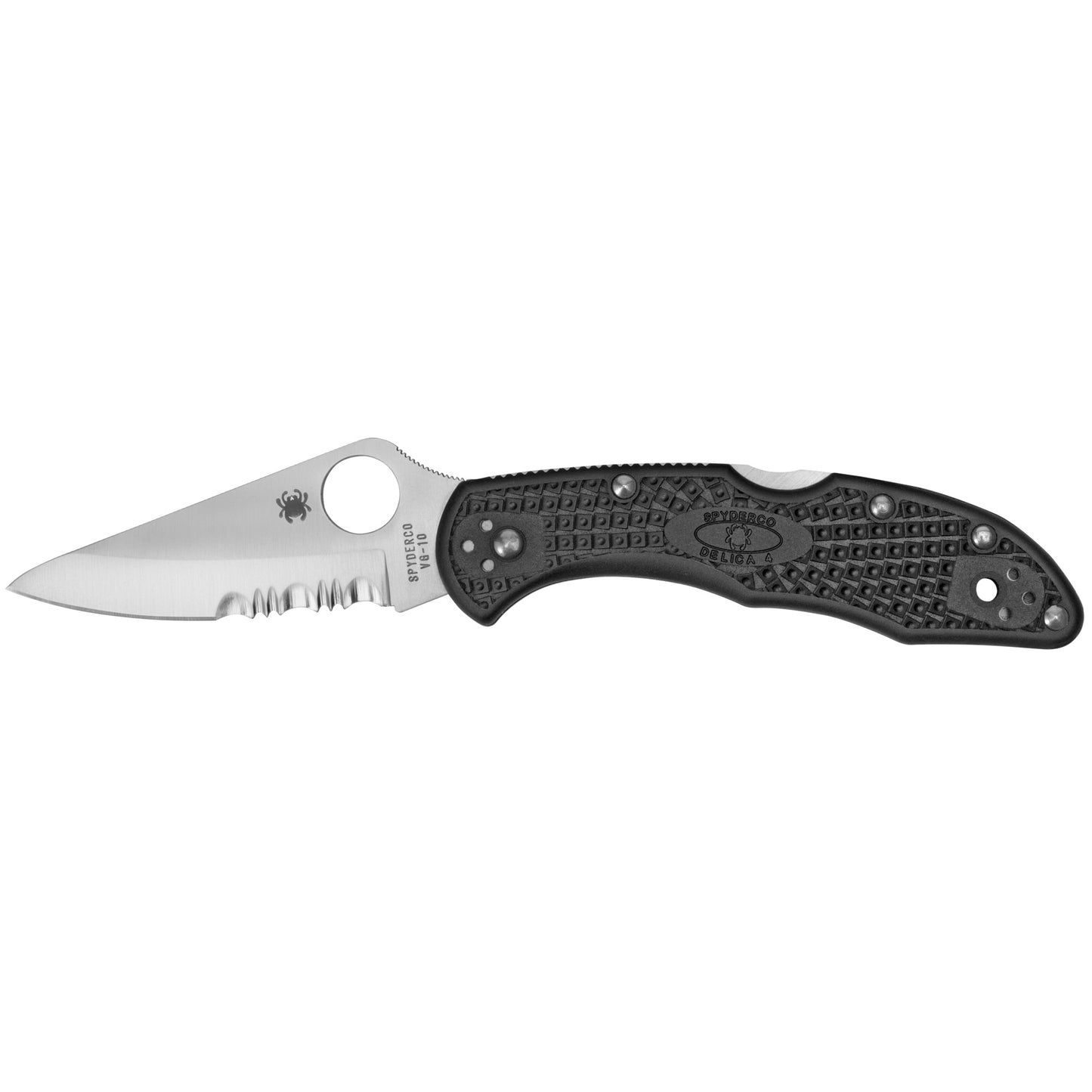 Spyderco Delica4 Lightweight 2.875" Folding Knife Spear Point Combo Edge VG10/Satin, Black FRN, Circle Thumb Hole/Pocket Clip C11PSBK