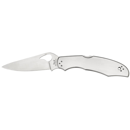 Spyderco Byrd Cara Cara2 3.875" Folding Knife Clip Point Plain Edge 8Cr13MoV/Satin Stainless Oval Thumb Hole/Pocket Clip BY03P2