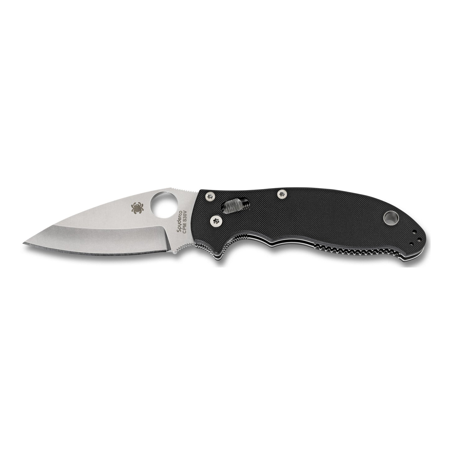 Spyderco, Manix 2, Folding Knife, 3.375" Blade, Clip Point, Plain Edge, CPM-S30V Finish, Black G10 Frame, Circle Thumb Hole/Pocket Clip C101GP2