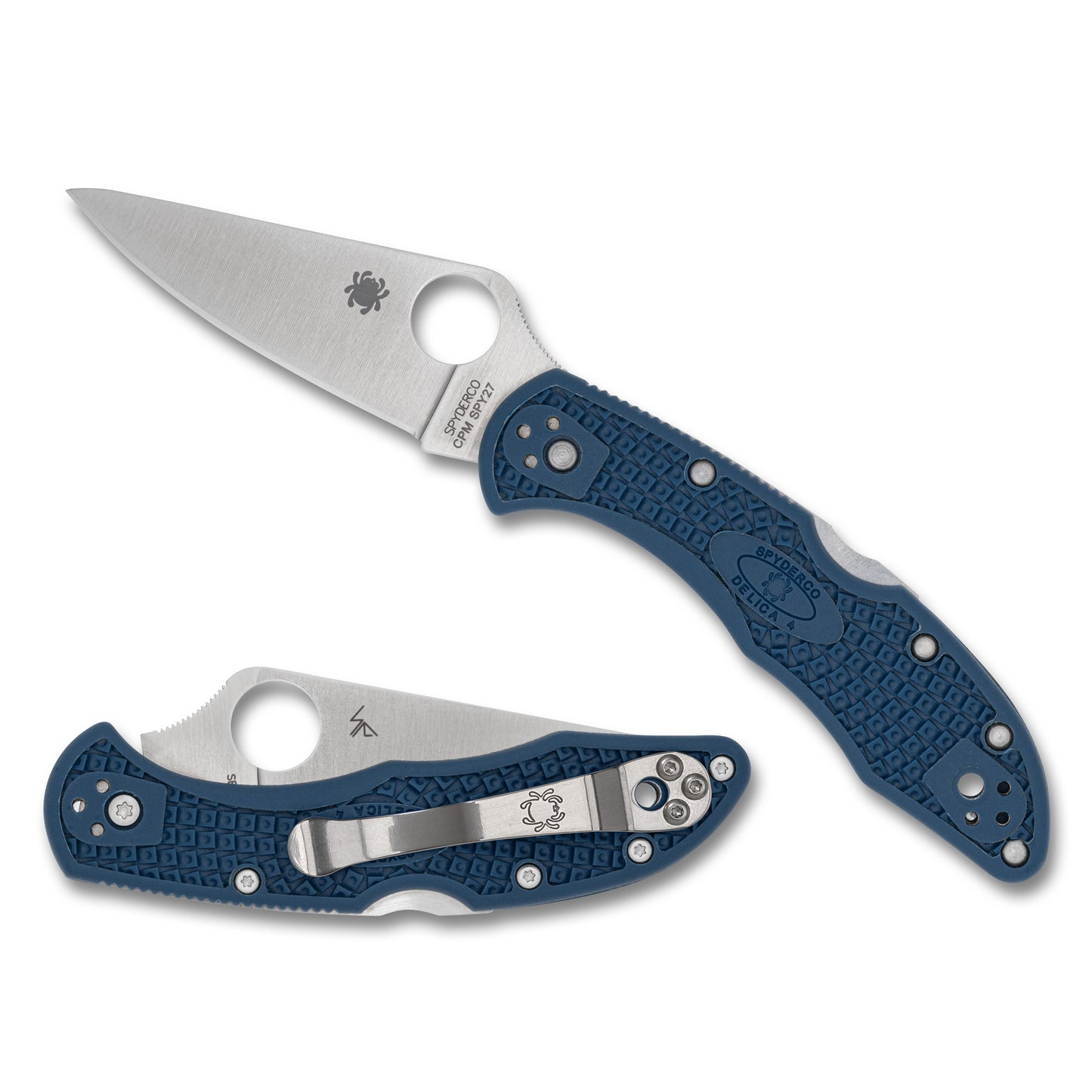 Spyderco, Delica 4, Folding Knife, 2.9" Drop Point Blade, 7.11" Overall Length, CPM SPY27 Blade Steel, Plain Edge, Satin Finish, Silver, Cobalt Blue FRN Handle, Back Lock C11PCBL