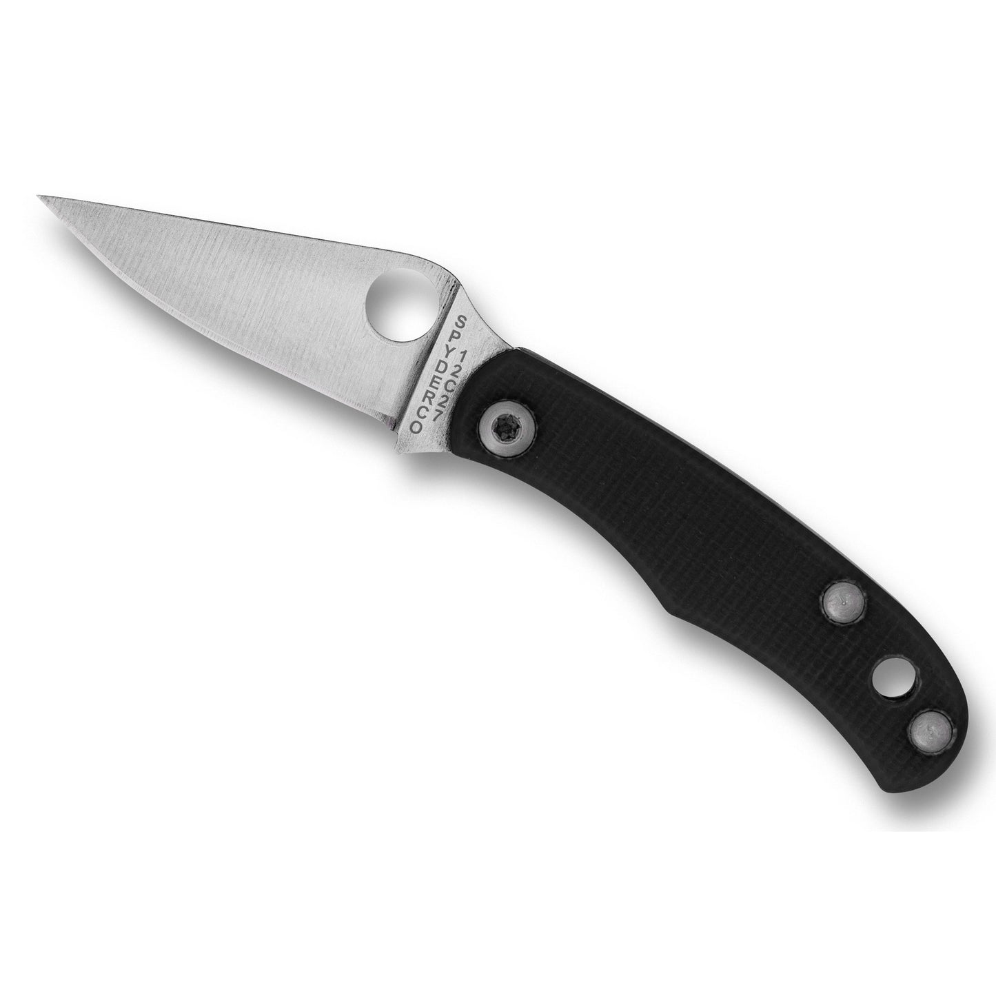 Spyderco, BUG, Folding Knife, 1.27" Drop Point Blade, 12C27 Blade Steel, 2.94" Overall Length, Slipjoint Lock, Satin Finish, Silver Blade, Black G-10 Handle C133GBKP