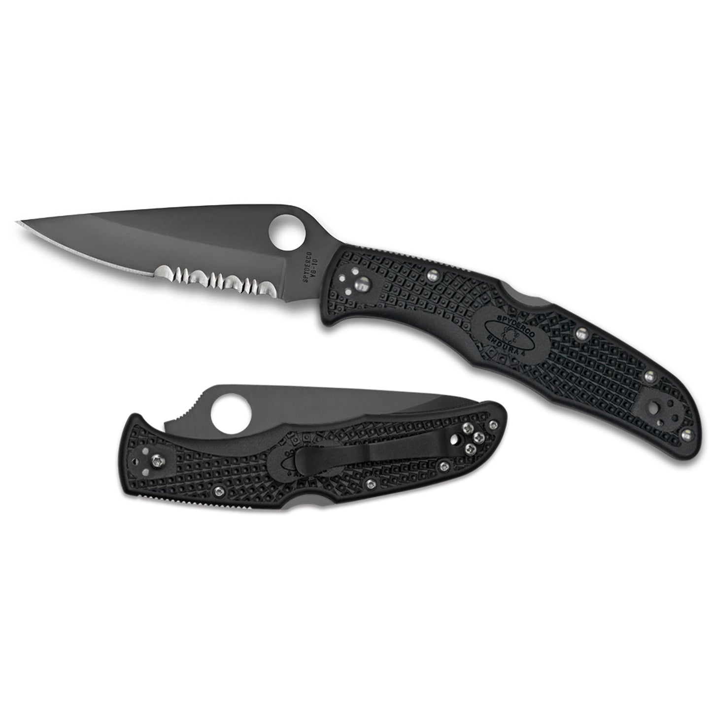 Spyderco, Endura 4, Lightweight, 3.375" Folding Knife, Clip Point, Combo Edge, VG10/Black, Black FRN, Circle Thumb Hole/Pocket Clip C10PSBBK