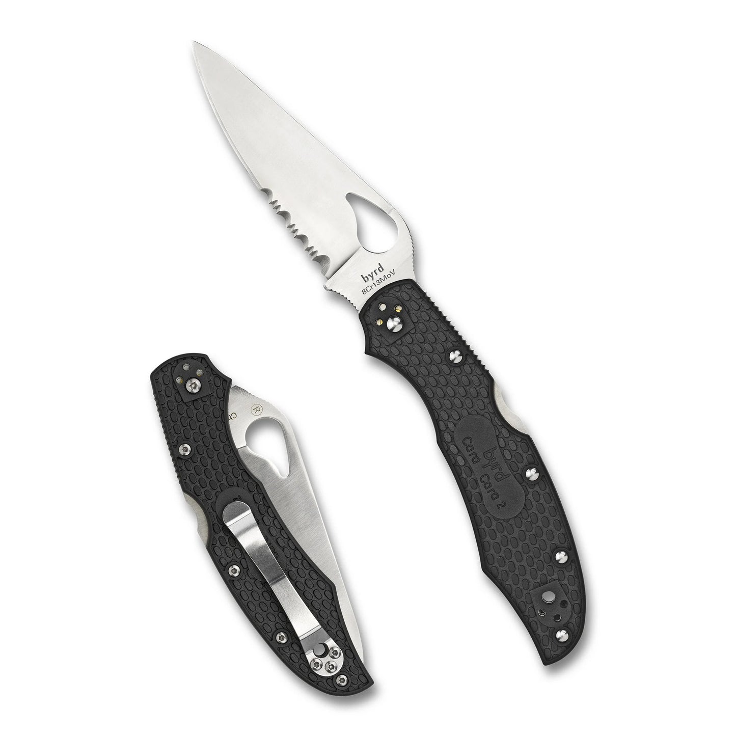 Spyderco, Byrd, Cara Cara2, 3.75" Folding Knife, Clip Point, Combo Edge, 8Cr13MoV/Satin, Gray, Oval Thumb Hole/Pocket Clip  BY03PSBK2