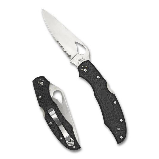 Spyderco, Byrd, Cara Cara2, 3.75" Folding Knife, Clip Point, Combo Edge, 8Cr13MoV/Satin, Gray, Oval Thumb Hole/Pocket Clip  BY03PSBK2