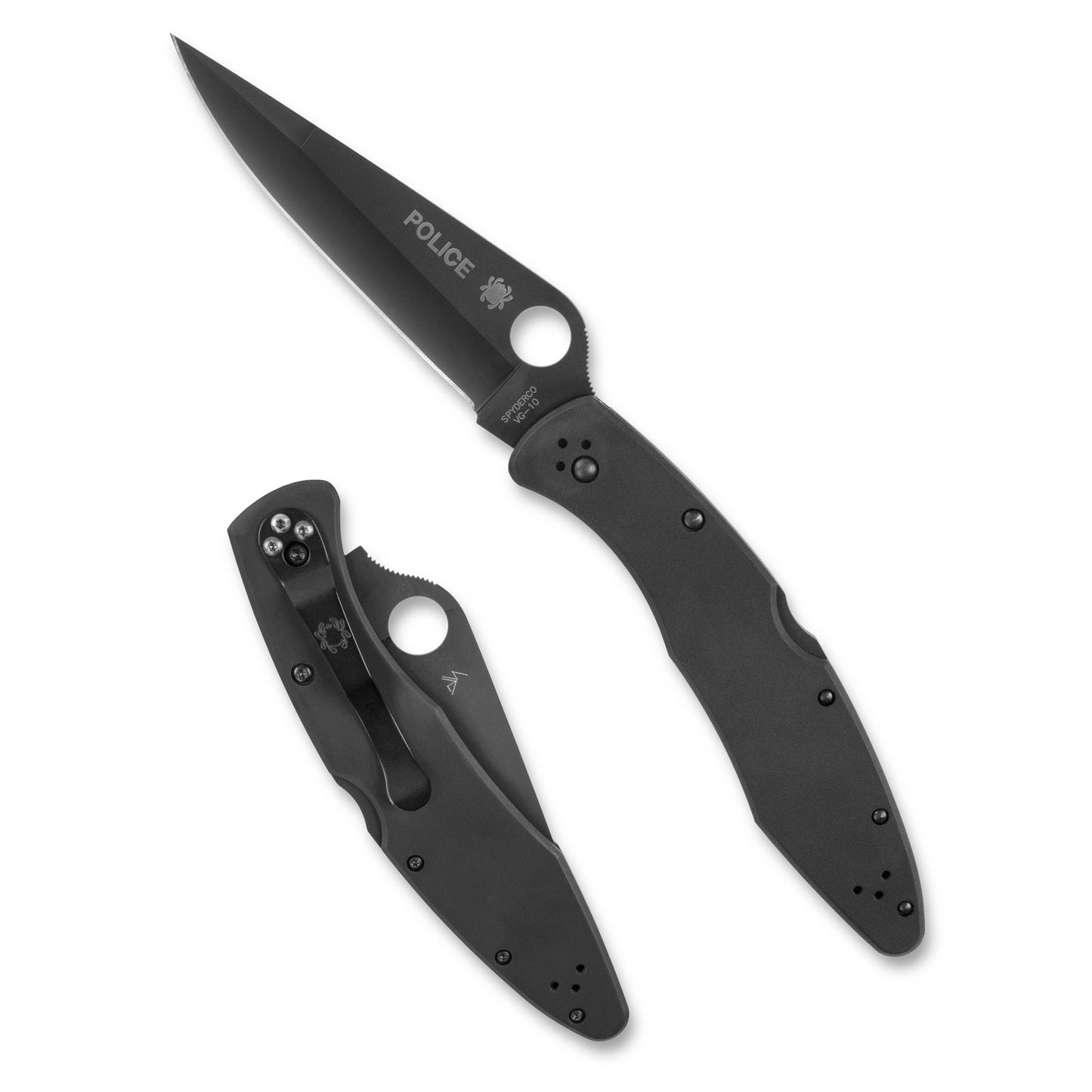 Spyderco, Police, Folding Knife, 4.2" Drop Point Blade, 9.5" Overall Length, VG-10 Stainless Blade Steel, Plain Edge, TiCN Finish, Black, Back Lock C07BKP