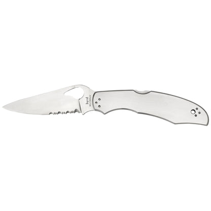 Spyderco Byrd Cara Cara 2 Folding Knife 3.875" Clip Point Combo Edge 8Cr13MoV/Satin Stainless Oval Thumb Hole/Pocket Clip BY03PS2