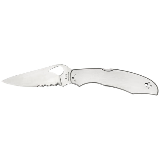 Spyderco Byrd Cara Cara 2 Folding Knife 3.875" Clip Point Combo Edge 8Cr13MoV/Satin Stainless Oval Thumb Hole/Pocket Clip BY03PS2