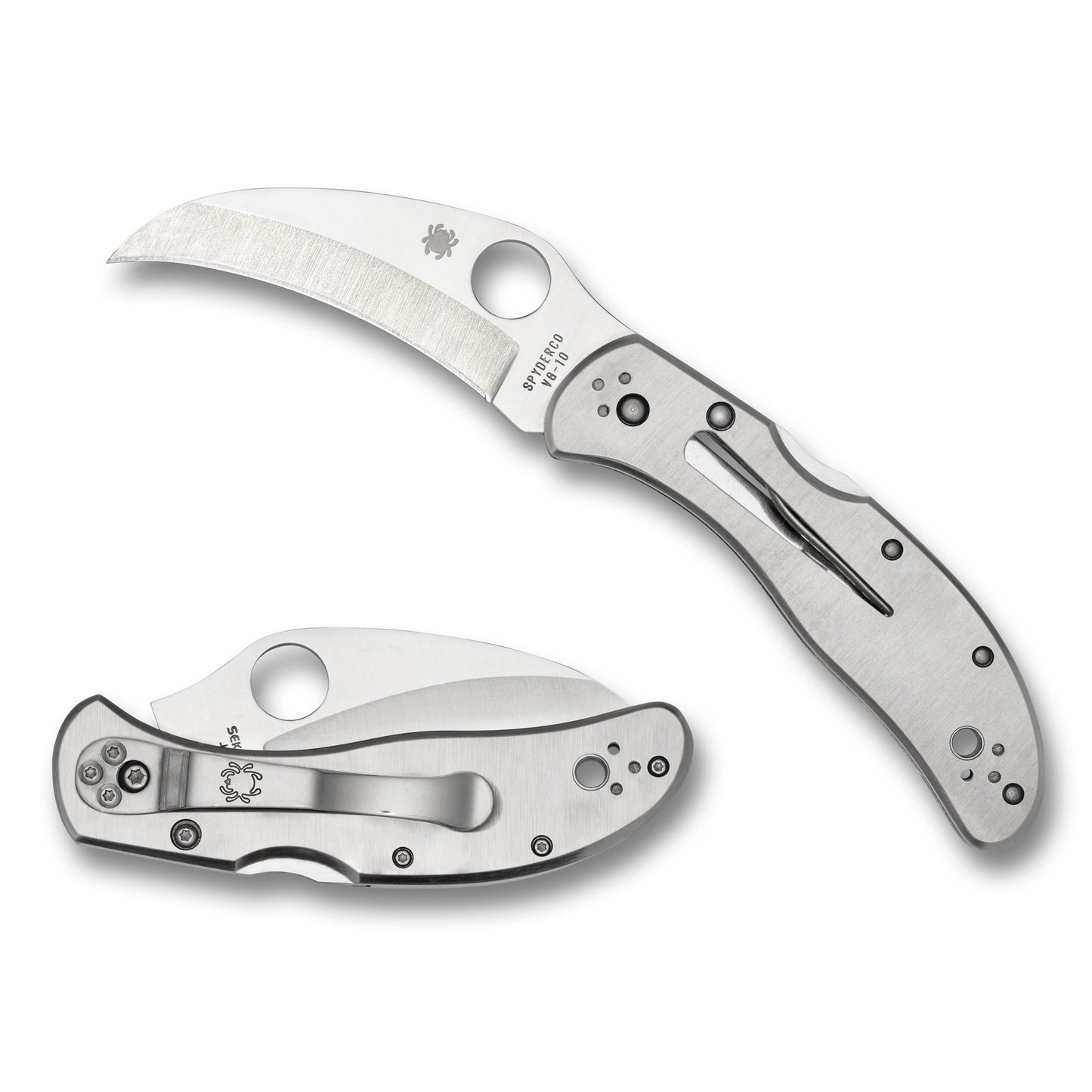 Spyderco, Harpy Clipit, Folding Knife, 2.75" Hawkbill Blade, 6.63" Overall Length, VG-10 Stainless Blade Steel, Plain Edge, Satin Finish, Silver, Silver Stainless Handle, Back Lock C08P
