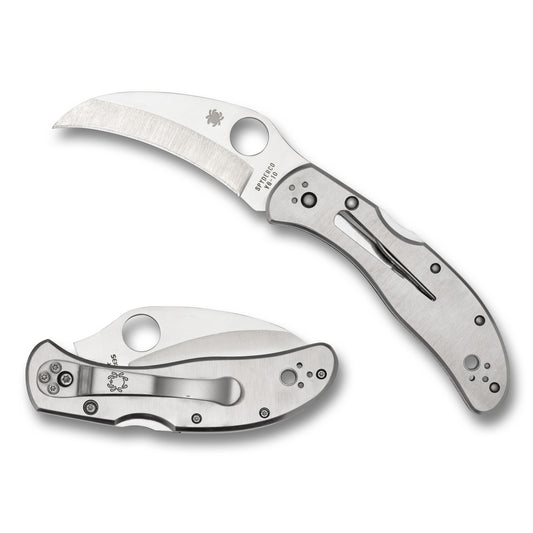 Spyderco, Harpy Clipit, Folding Knife, 2.75" Hawkbill Blade, 6.63" Overall Length, VG-10 Stainless Blade Steel, Plain Edge, Satin Finish, Silver, Silver Stainless Handle, Back Lock C08P