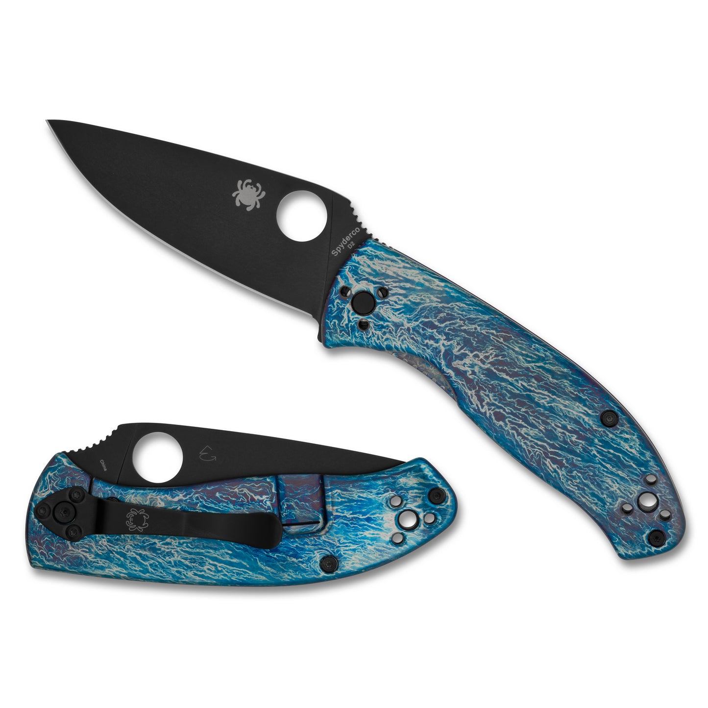 Spyderco, Tenacious, Folding Knife, 3.35" Drop Point Blade, D-2 Blade Steel, 7.74" Overall Length, R.I.L. Lock, Black Oxide Finish, Black Blade, Blue Titanium Handle with Disarray Finish C122TIBLBKD2P