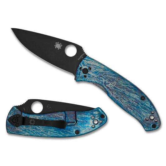 Spyderco, Tenacious, Folding Knife, 3.35" Drop Point Blade, D-2 Blade Steel, 7.74" Overall Length, R.I.L. Lock, Black Oxide Finish, Black Blade, Blue Titanium Handle with Disarray Finish C122TIBLBKD2P