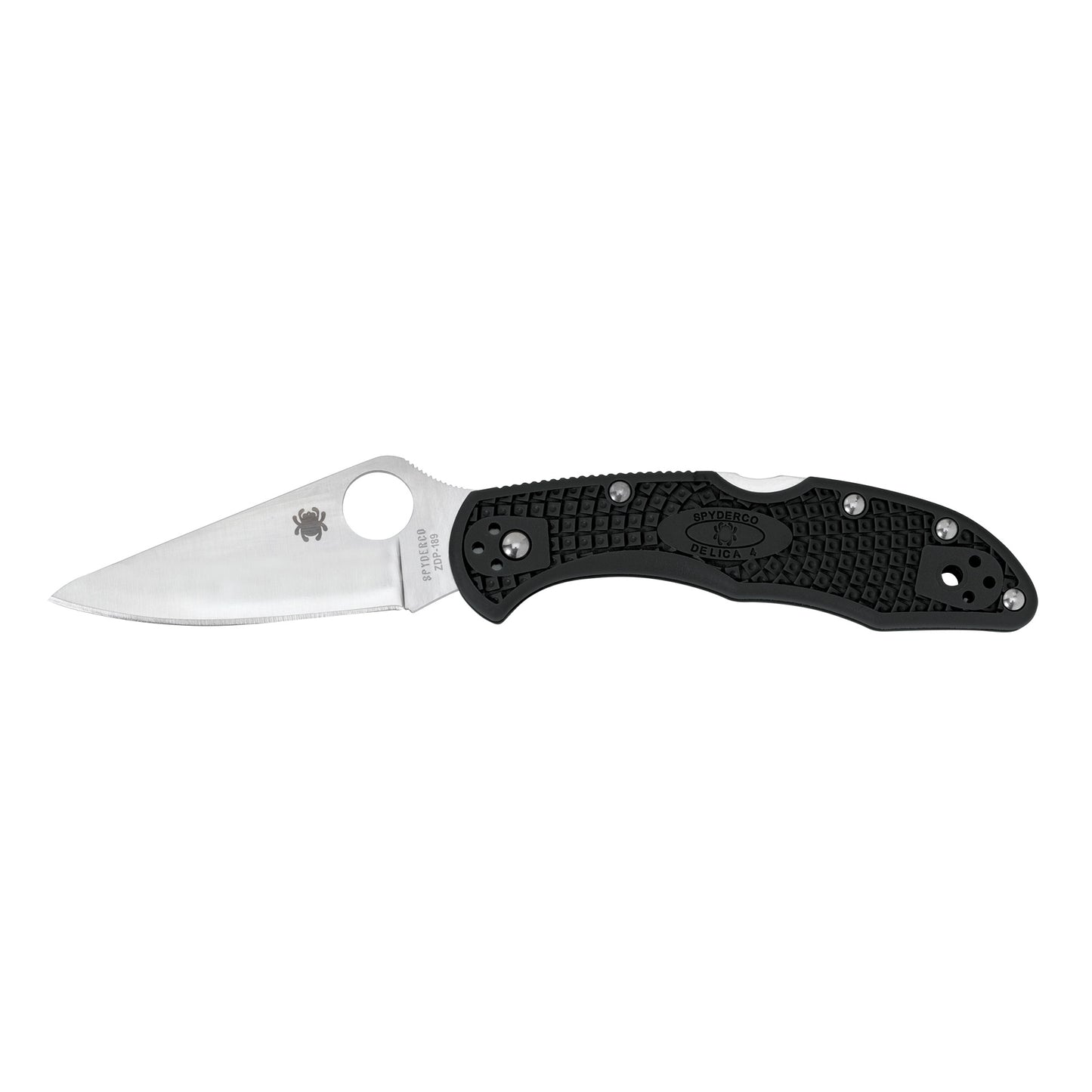 Spyderco Delica4 Lightweight Folding Knife 2.875" Blade Clip Point Plain Edge VG10/Satin Finish Kraton Handle Circle Thumb Hole/Pocket Clip C11FPBK