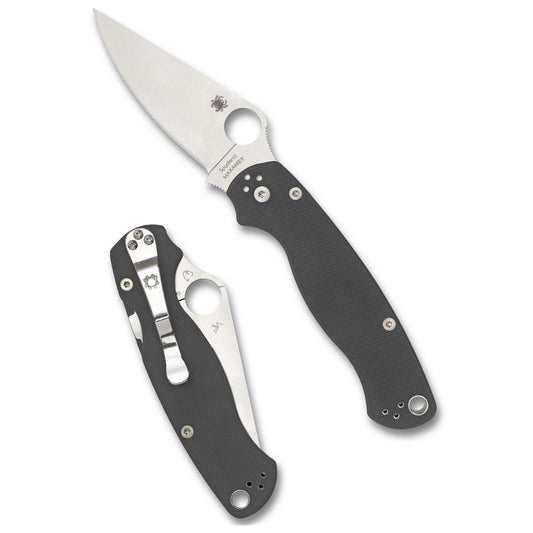 Spyderco, Para Military 2, Folding Knife, 3.45" Clip Point Blade, Plain Edge, Micro-Melt Maxamet Blade Steel, 8.26" Overall Length, Compression Lock, Satin Finish, Silver Blade, Gray G10 Handle  C81GPDGY2