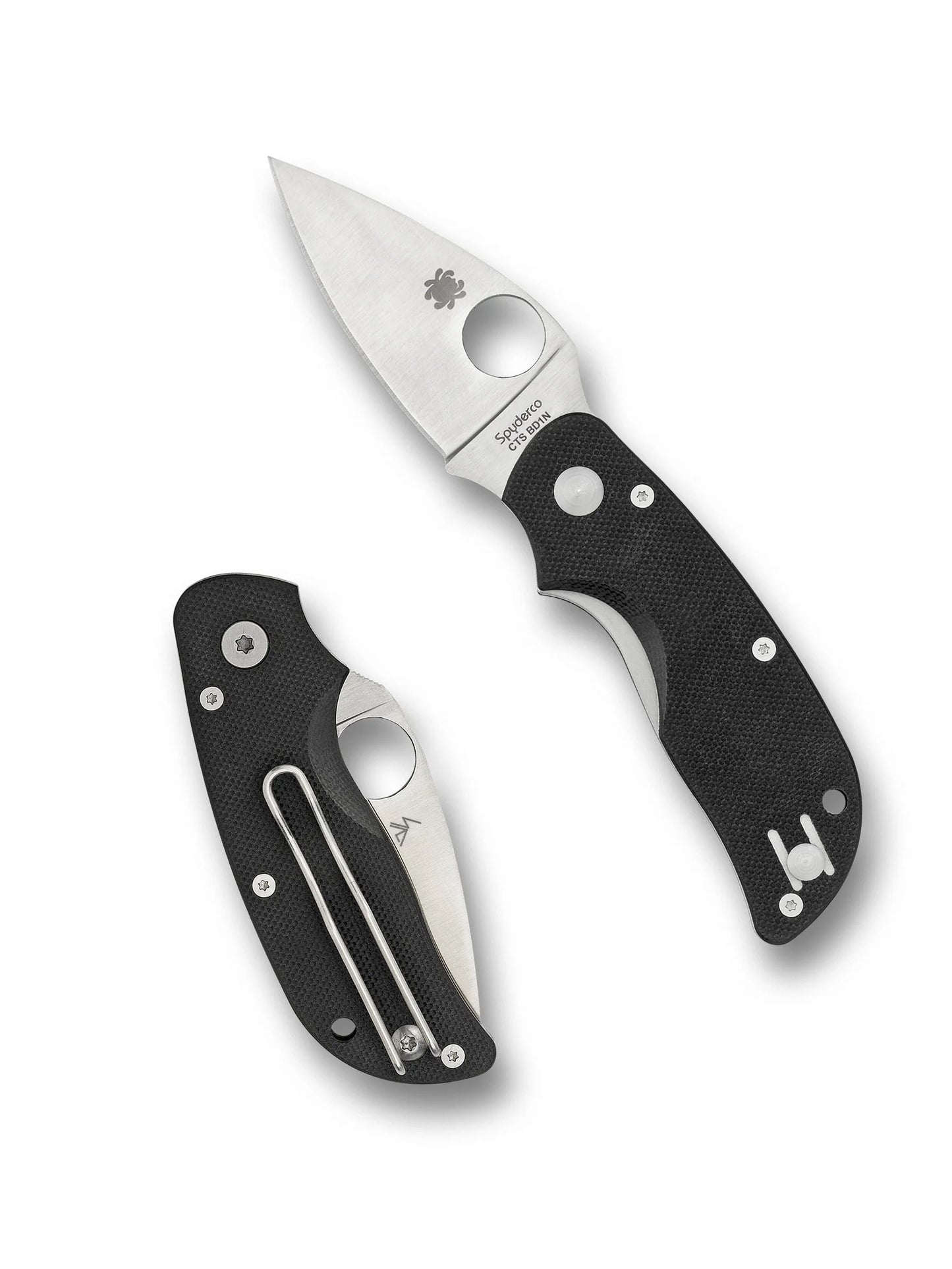 Spyderco Cat Folding Knife 2.44" Plain Edge Blade CTS BD1N Steel w/ Black G-10 Handle Circle Thumb Hole/Pocket Clip C129GP