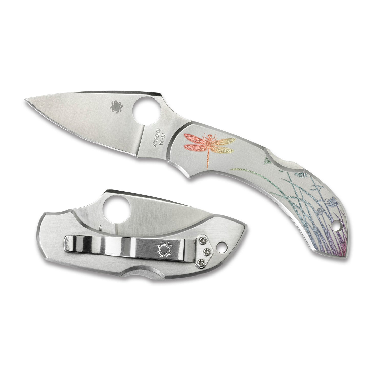 Spyderco Dragonfly Folding Knife 2.32" Plain Edge Blade Dragonfly Etching VG-10 Steel Stainless Handle C28PT